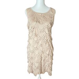 TATA Jolie Medium Shift Dress Beige Sleeveless Tiered Cutout Eyelet